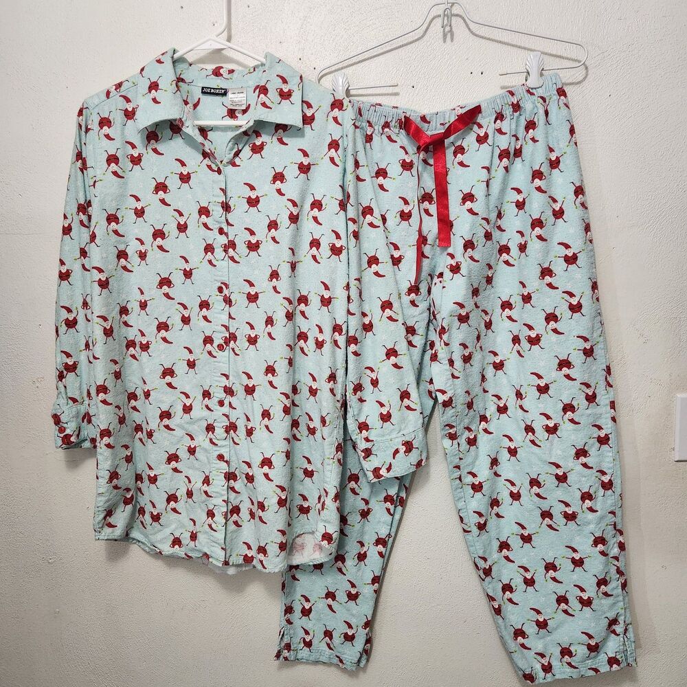 Set Joe Boxer Womens Flannel Pajamas Set LARGE Blue Red SANTAS Shirt LS pants